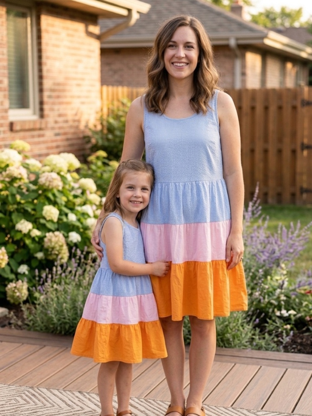 THML Anthropologie Tiered Colorblock Seersucker Dress Blue Pink Orange Sz Medium